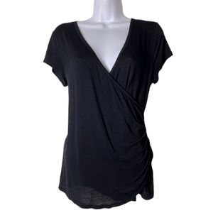 ModCloth Black Faux Wrap Short-sleeve Top …